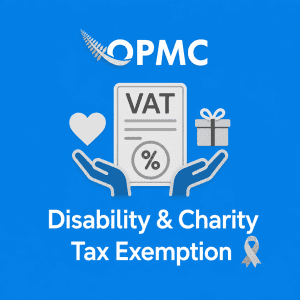 Disability & Charity Tax exemption thumbnail with open hands holding a VAT exemption form, a heart and a present.