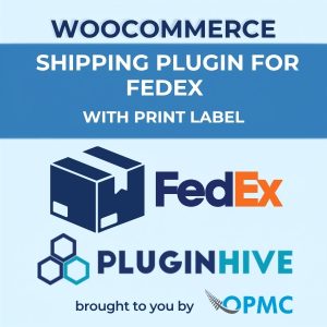PLuginHive's Fedex shipping plugini thumb with logos and a graphic shipping box