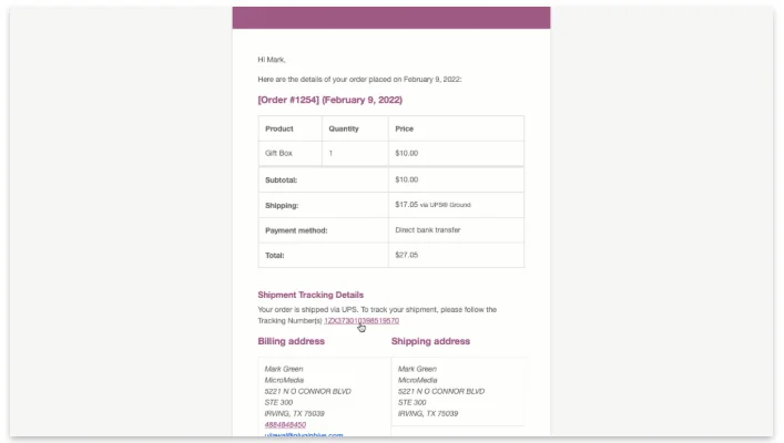 SEND UPS shipment tracking email notifications via WooCommerce