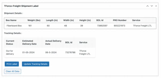 Send TForce Freight shipment tracking email notifications via WooCommerce