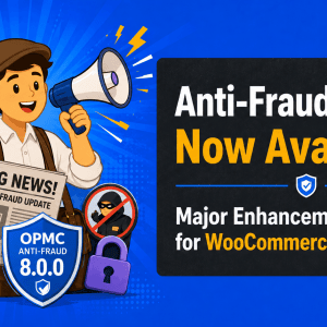 Illustrated newsboy announces Anti-Fraud for WooCommerce v8.0.0, highlighting major enhancements for merchants.
