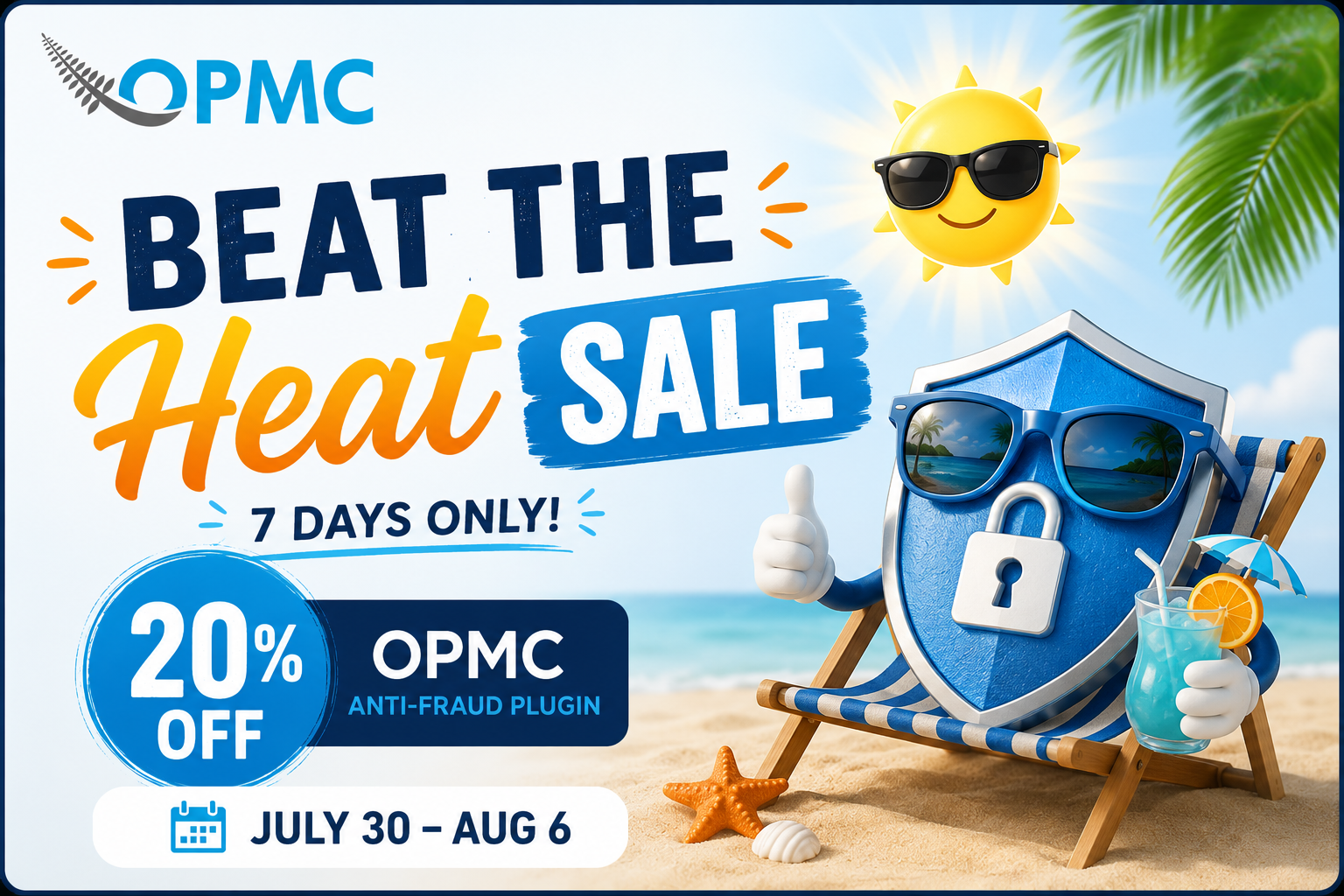 Beat the Heat Sale website pop-up for the OPMC Anti-Fraud Plugin featuring a beach scene with a smiling sun wearing sunglasses and a shield with sunglasses relaxing in a beach chair. The promotion highlights "20% Off," "7 Days Only," and the sale dates "July 30 – Aug 6" in bold blue and orange text with OPMC branding on a clean, bright background.
