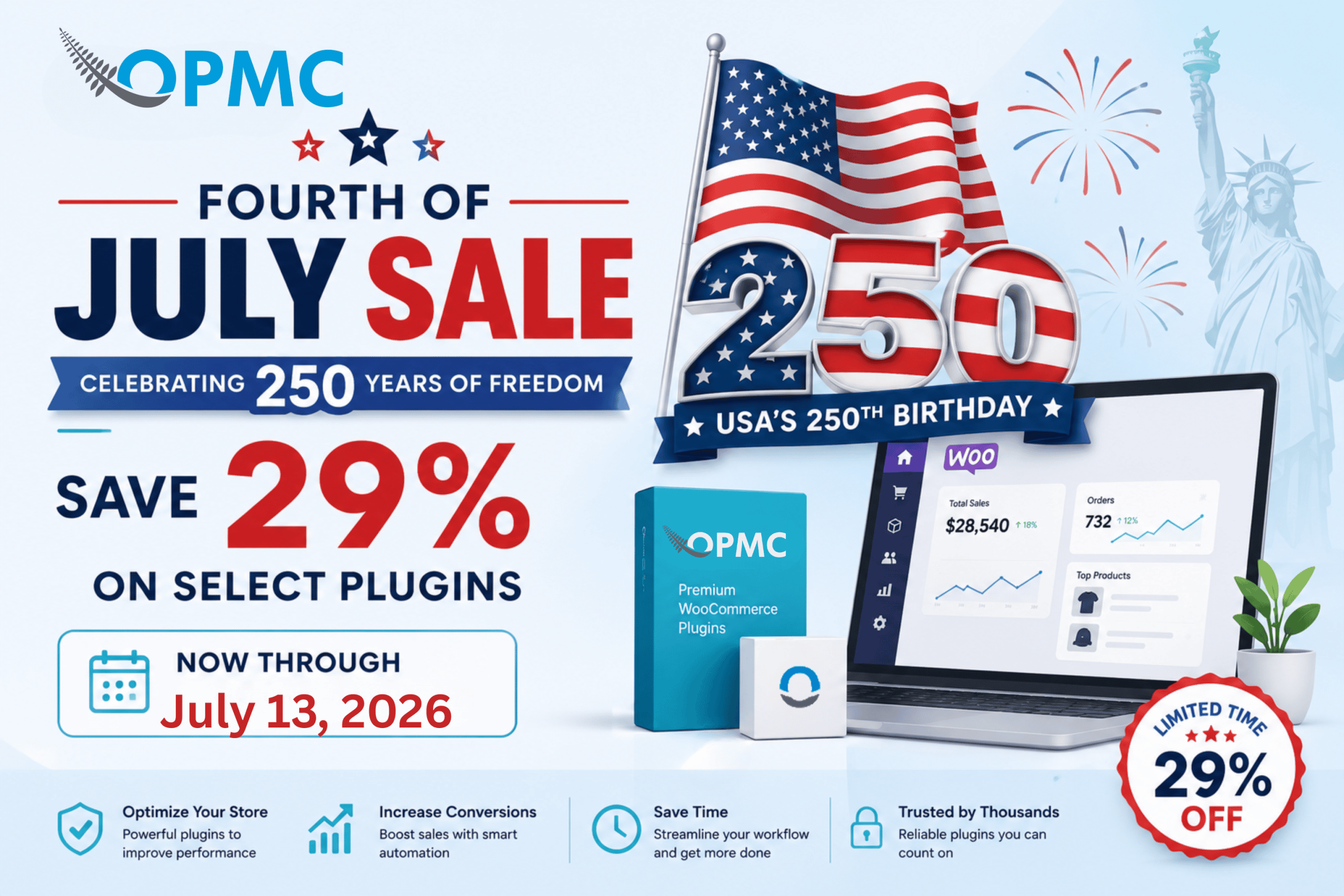 July 4th sale, 2026 29% off select plugins through July 13, 2026